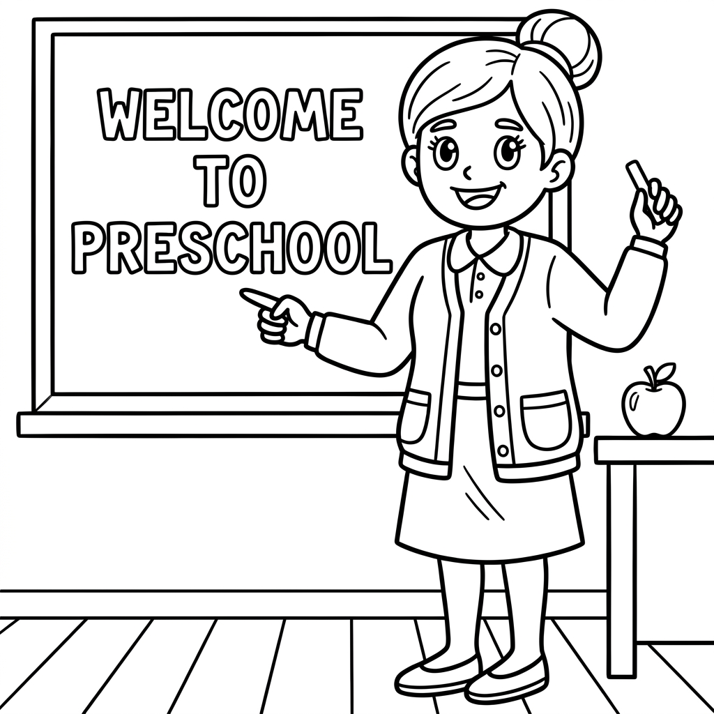 Welcome to preschool coloring page of a smiling female teacher pointing to a welcome message on a classroom board